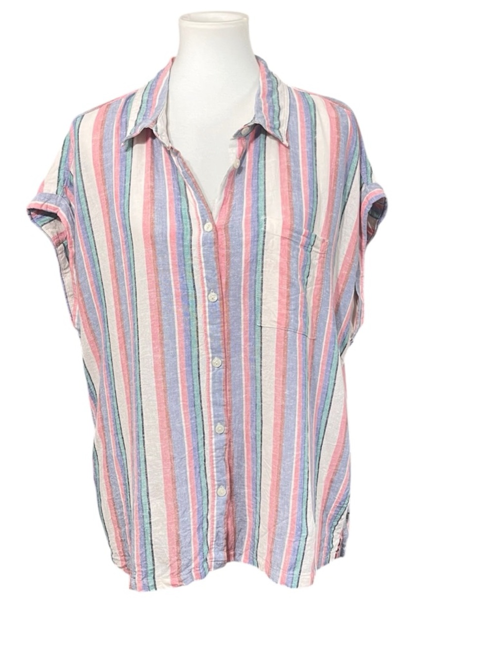 Orvis Linen Blend Striped Button Down Shirt Women’s XL Multicolor Short Sleeve